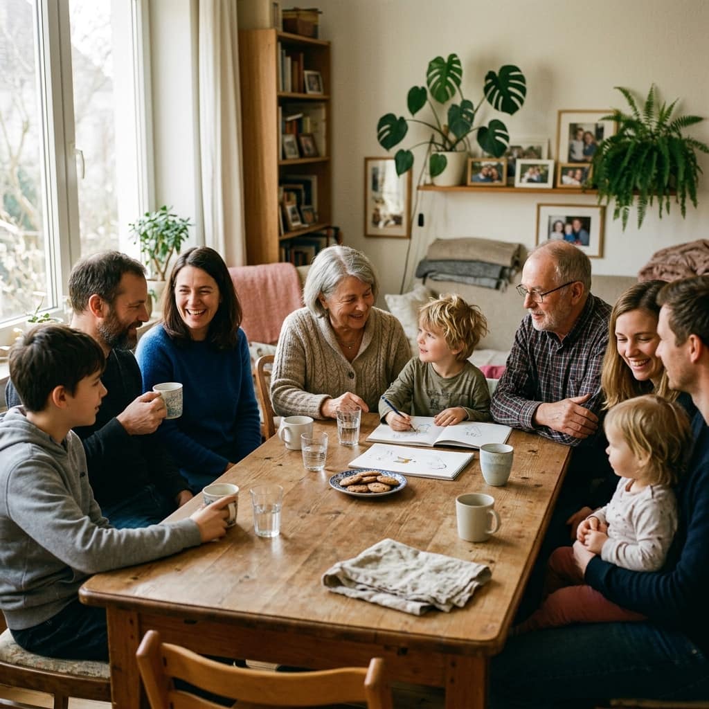 Mehrere Generationen einer Familie sitzen zusammen an einem Tisch im Wohnzimmer. Vertraut, unaufgeregt, ein Moment echter Nähe.