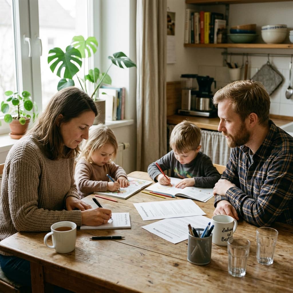 Eine junge Familie am Küchentisch, Papier und Stift, ruhig und konzentriert. Tageslicht, kein Verkaufsmoment — Vorsorge als Selbstverständlichkeit.